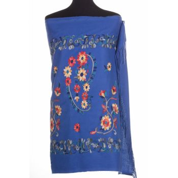 Esarfa cashmere cu model floral brodat pe fond albastru