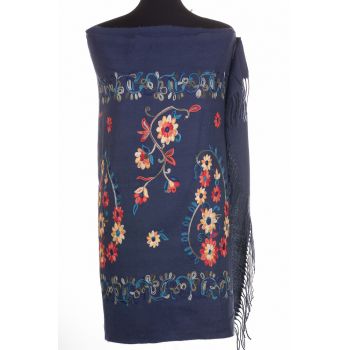 Esarfa cashmere cu model floral brodat pe fond bleumarin de firma originala