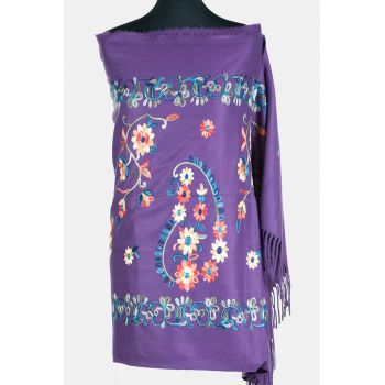 Esarfa cashmere cu model floral brodat pe fond mov