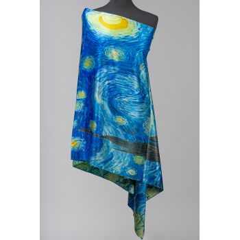 Esarfa cu doua fete, din matase, imprimata cu reproducere dupa   Noaptea Instelata  a lui Van Gogh