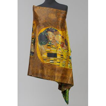 Esarfa cu doua fete, din matase, imprimata cu reproducere dupa   Sarutul    de Gustav Klimt