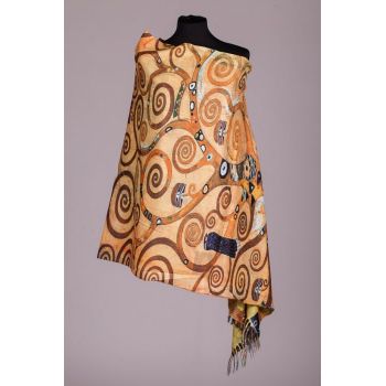Esarfa cu doua fete imprimata  cu reproducere dupa    Pomul Vietii    - Gustav Klimt, material tip cashmere