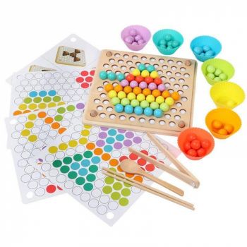 Joc Montessori de indemanare si asociere culori cu bilute, din lemn
