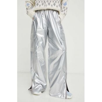Stine Goya pantaloni femei, culoarea argintiu, lat, high waist