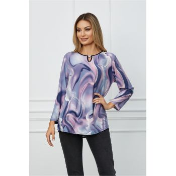 Bluza Adelina bleu cu imprimeu roz si bej