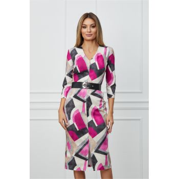 Rochie Alina bej cu imprimeu fucsia si curea in talie