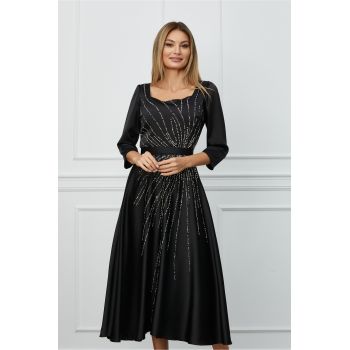 Rochie Anastasia neagra cu strasuri si perle