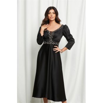 Rochie Anisia neagra cu strasuri pe bust si talie