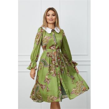 Rochie Dy Fashion olive cu imprimeu maro si guler alb ieftina