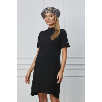 Rochie Ilinca neagra din tricot cu nasturi la maneci