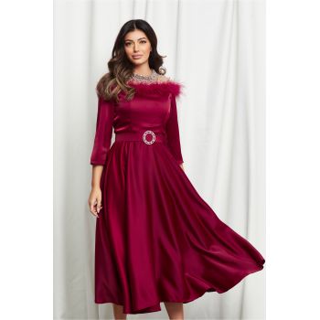 Rochie Ingrid bordo cu fulgi la bust si curea in talie