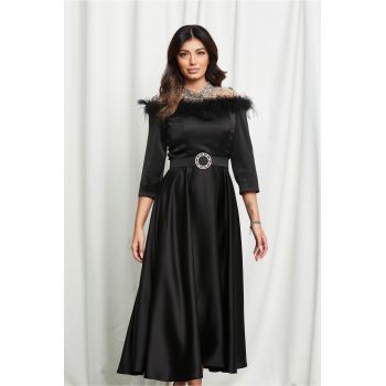 Rochie Ingrid neagra cu fulgi la bust si curea in talie