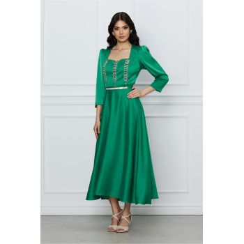 Rochie Mara verde din satin cu strasuri pe bust