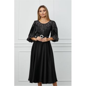 Rochie Mikaela neagra cu strasuri si curea in talie