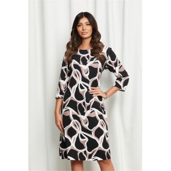Rochie Natalia neagra cu imprimeuri albe si maro