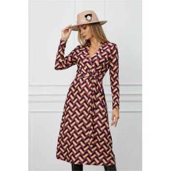 Rochie Ramona bej cu imprimeuri magenta si cordon in talie