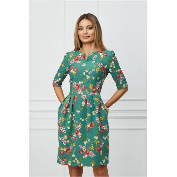 Rochie Vera verde cu flori roz