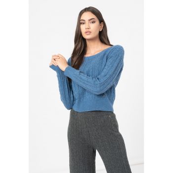 Pulover cu decolteu rotund si design cu torsade