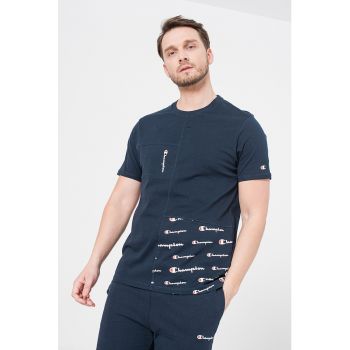 Tricou din bumbac cu decolteu la baza gatului si imprimeu logo Roch