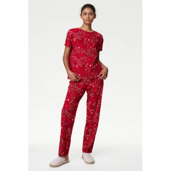 Pijama din bumbac cu imprimeu si maneci scurte