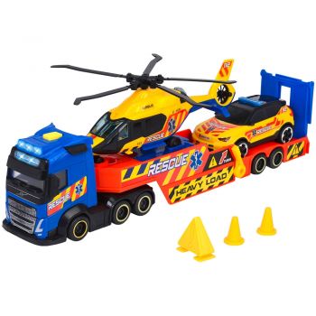 Set Dickie Toys Rescue Transporter 40 cm cu camion, masina, elicopter si accesorii