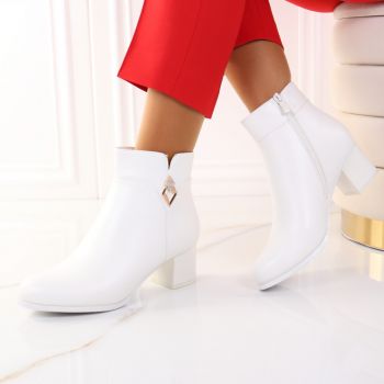 Botine cu toc patrat albe Liena