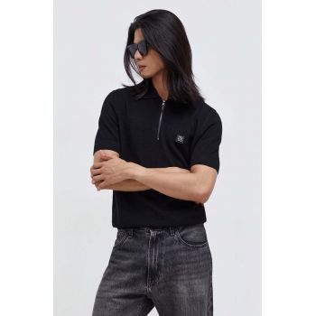 HUGO tricou polo din amestec de lână culoarea negru, cu imprimeu