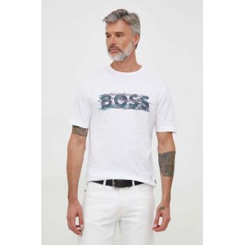 Boss Orange tricou din bumbac BOSS ORANGE culoarea alb, cu imprimeu