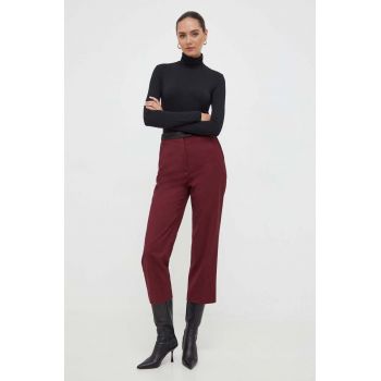 BOSS pantaloni de lana culoarea bordo, drept, high waist