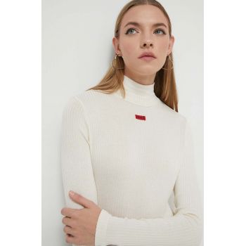 HUGO longsleeve femei, culoarea bej, cu turtleneck