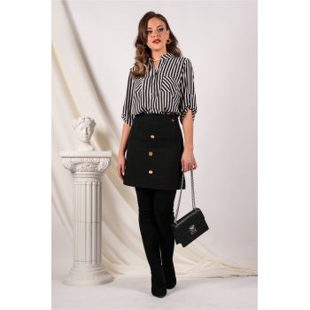 Fusta Dy Fashion neagra scurta din tweed cu nasturi