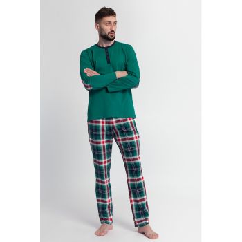 Pijama din bumbac cu fenta cu nasturi Tartan