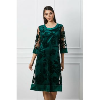 Rochie Carolina verde din tull cu insertii catifelate