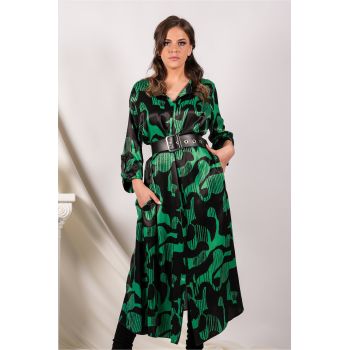 Rochie Corina verde cu imprimeu negru si curea in talie