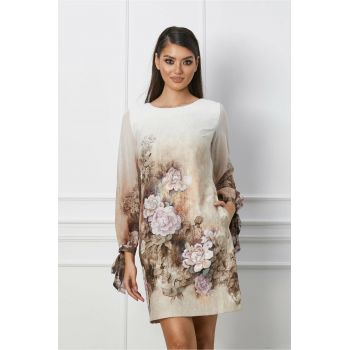 Rochie Dora ivory cu bej in degradee si imprimeu floral