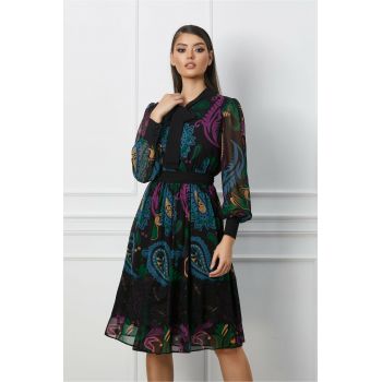 Rochie Dy Fashion neagra cu imprimeu mov si turcoaz