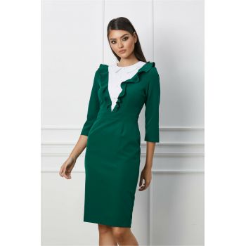 Rochie Dy Fashion verde cu volanas si nasturi la bust la reducere