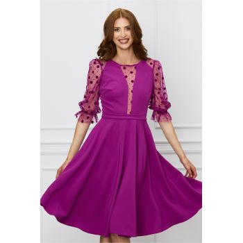 Rochie eleganta magenta cu maneci din tull cu buline catifelate ieftina