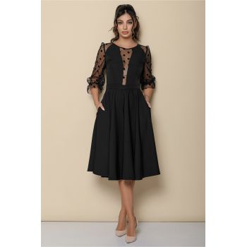 Rochie eleganta neagra cu maneci din tull cu buline catifelate ieftina
