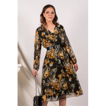 Rochie Loredana neagra cu imprimeu kaki si curea in talie la reducere