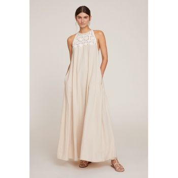Rochie maxi din amestec de in cu detaliu crosetat pe partea din fata
