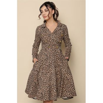 Rochie MBG bej cu animal print si nasturi la bust