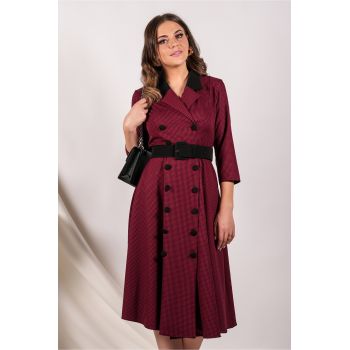 Rochie Miruna tip sacou rosie cu carouri negre si curea in talie ieftina