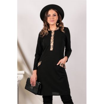 Rochie Moze neagra cu buzunare si imprimeu la reducere