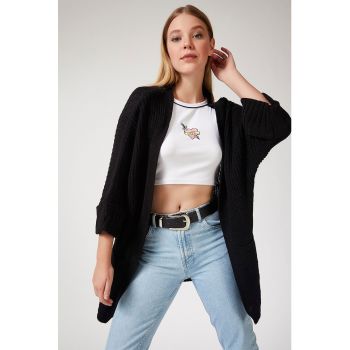 Cardigan tricotat gros cu buzunare aplicate