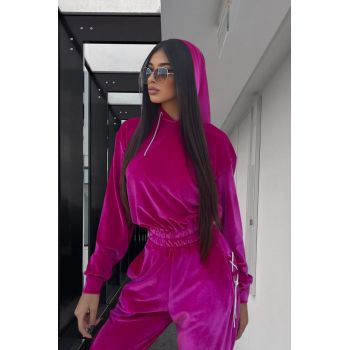 Trening Catifea, din Doua Piese, Hanorac si Pantalon cu Siret Cristale, Functionality, Fuchsia