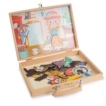 Gentuta din Lemn cu Carduri si Puzzle Magnetic - Tinute Vestimentare Montessori - Nurio