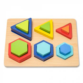 Puzzle 3D din Lemn in Cutie cu Forme Geometrice Colorate - Nurio