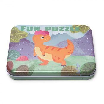 Puzzle din Lemn cu Dinozauri in Cutie Metalica Montessori - Nurio la reducere