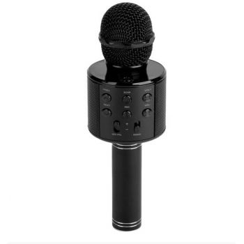 Microfon pentru karaoke, port USB, fara fir, 1200mAh, 4 ore autonomie acumulator, Negru, AMA